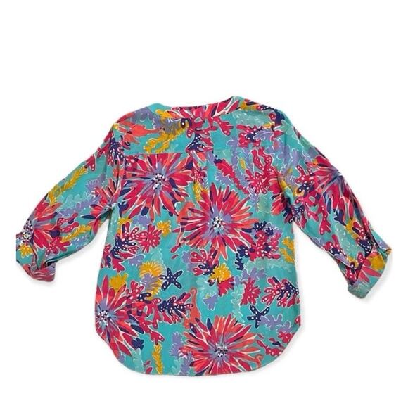Lilly Pulitzer Delray Trippin & Sippin Silk Blouse Roll Tab Sleeve Resort wear L - Picture 16 of 16